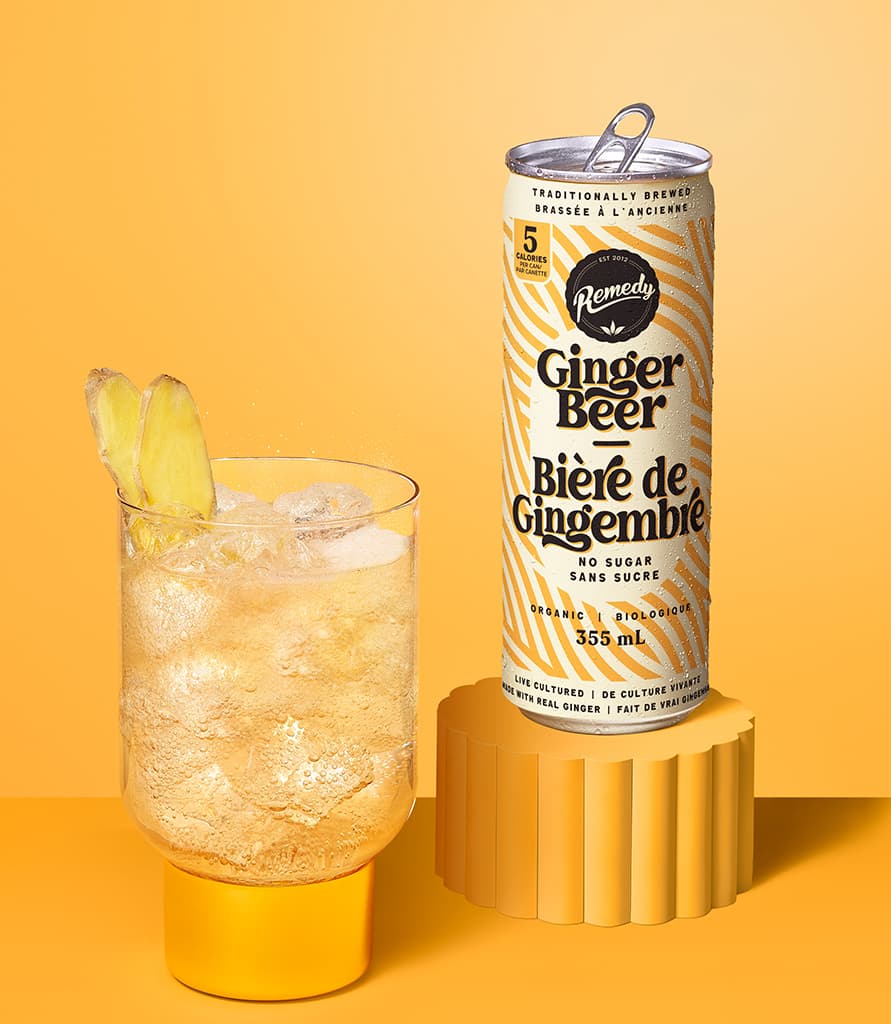 Remedy Ginger Beer Can with Glass full of Ginger Beer